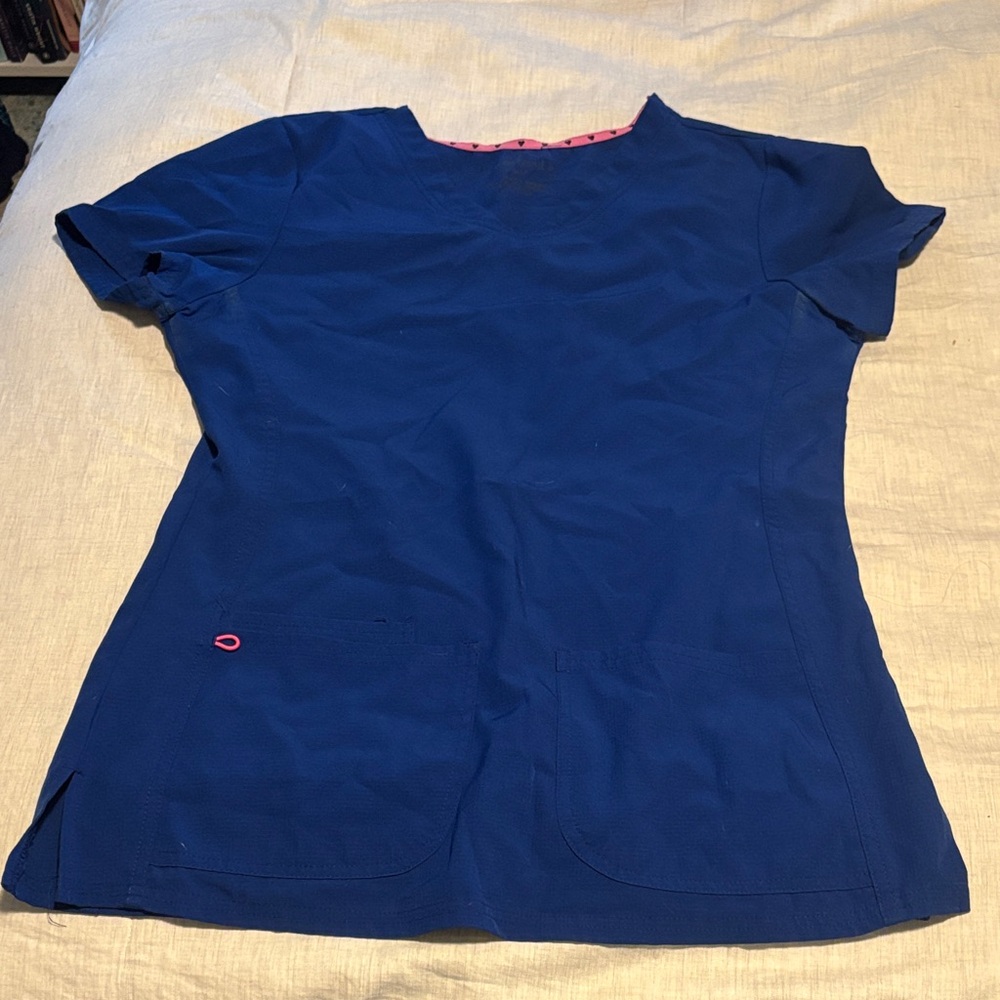 HeartSoul Royal Blue Short Sleeve Scrub Top with Pink Trim